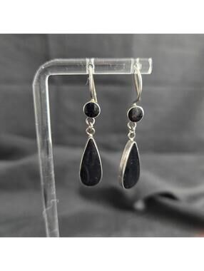 Vintage Sterling Silver Black Onyx Drop Earrings Teardrop Dangle